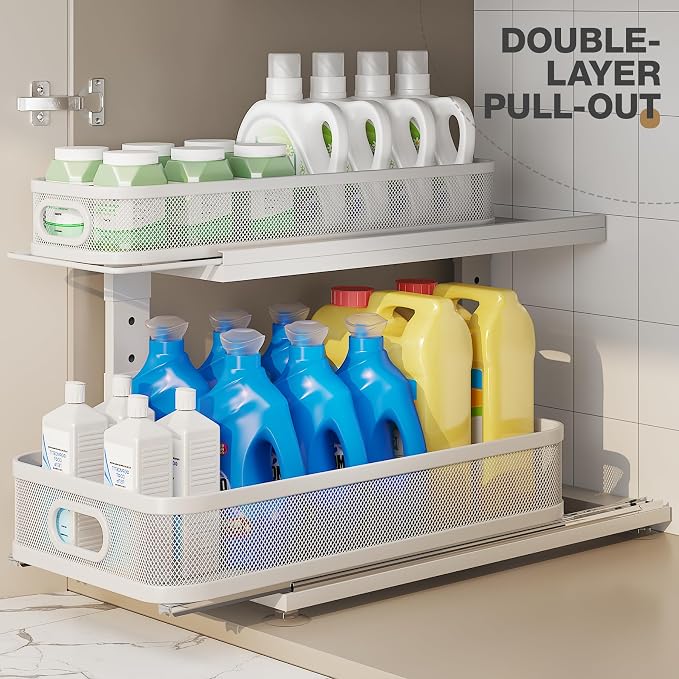 2 Pack 21IN-Depth Under Sink Organizer With Next-Gen Ball-Bearing Slides,2-Tier Precision Mesh Pull Out Cabinet Storage for Bathroom&Kitchen,Height Adjustable Drawers Shelf,Anti-rust-White
