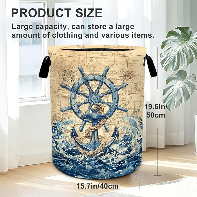 Nautical Laundry Basket Foldable Oxford Laundry Hamper With Handle For Room Bathroom Bedroom