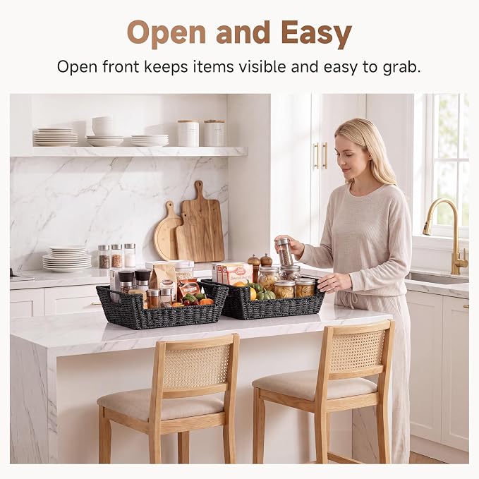 StorageWorks Pantry Baskets for Organizing, Large Storage Basket for Shelf | 2 Pack Wicker Baskets for Shelves, Snack Basket Organizer with Handles, Paper Rope Open Front Basket for Home Decor, Black