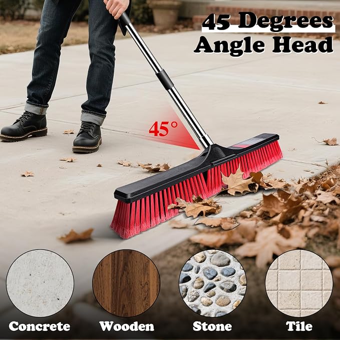 24" Push Broom Outdoor, Heavy Duty Garden Brush Broom with 58" Long Handle | Commercial Outdoor Broom for Deck Driveway Garage Yard Patio Warehouse Concrete Floor Cleaning