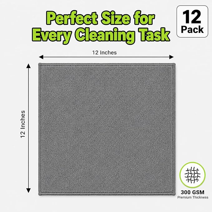 Microfiber Cleaning Cloths, 12 Pack, 12 x 12 Inch, 300 GSM, Lint Free, Ultra Absorbent, Streak-Free Cleaning Towels for Car, Kitchen, Windows, Glass & Household Cleaning, Gray