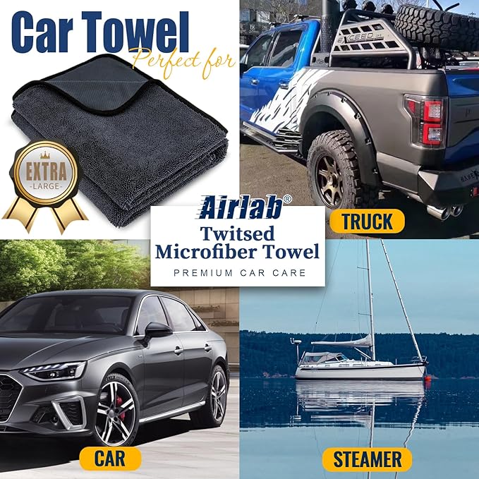 Airlab Microfiber Towels Cars Wash Drying Cleaning Cloth, Black-Grey | Thick Plush Auto Detailing Super Absorbent for Interior & Exterior Lint Free, Streak Free, 24 x 16 Inch, Pack of 2