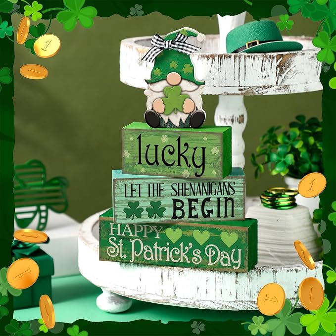 Moucuny 4 Pcs St. Patrick's Day Wood Signs Gnome Tiered Tray Table Decor | Stackable Rustic Blocks with Shamrock Prints, Centerpiece for Tiered Trays, Shelves, Bathroom, Laundry Room