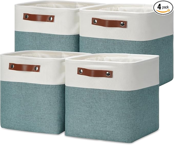DULLEMELO 11x11 Cube Storage Bins for Organizer, Foldable Cube Storage Bins for Organizing Home Office Closet Shelves, Fabric Cube Baskets for Home Organization(4 Pack - White&Deep Green)
