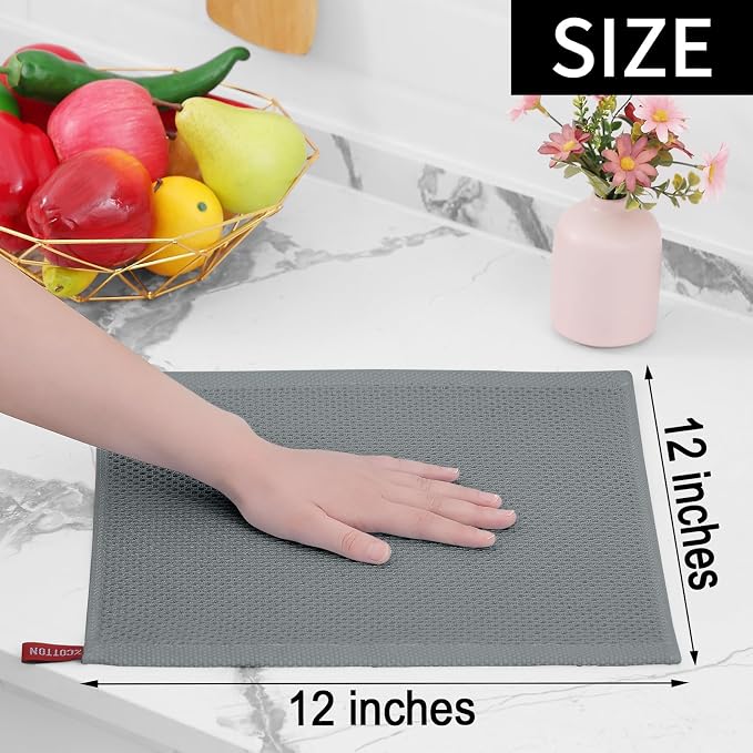 Homaxy 100% Cotton Waffle Weave Kitchen Dish Cloths 6-Pack, Grey | 12 x 12 Inches, Ultra Soft Absorbent Dish Towels, Quick Drying Dish Rags with Hanging Loop