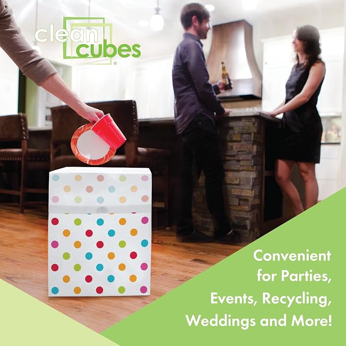 Clean Cubes 13 Gallon Disposable Pop-Up Trash Cans, 6-Pack (Polka Dot) | One Pack Covers the Whole Party, Place a Bin in Every Corner, No Assembly, Built-In Liner, Toss the Whole Bin When Full