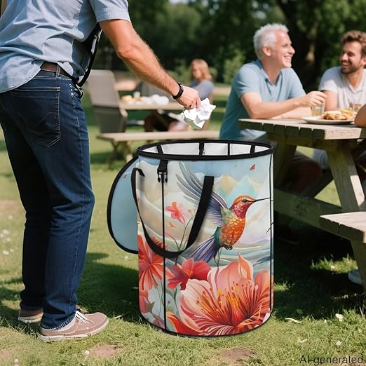 Hummingbird Flower 24 Gal Collapsible Trash Can w/Lid Waterproof Foldable Garbage Bin for Camping, Backyard & Hiking | Heavy Duty Pop-Up Design (23x18in) Car Camping Gear