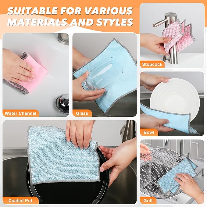 12Pack Multipurpose Wire Dishwashing Rags, Upgrade Non Scratch Wire Dishcloth, for Wet and Dry Use, Reusable Metal Scrubbing Microfiber Clean Cloths for Home/Kitchen/Stove(Blue)