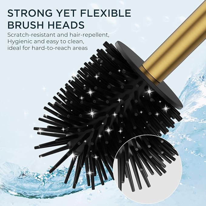 FORIOUS Stainless Steel Toilet Bowl Brush Scrubber and Holder Set Short | Gold, Extended Handle, Removable Inner Bowl, Stable Splash Guard, Steel Joint, Scratch‑Resistant Bristles, for Bathroom RV