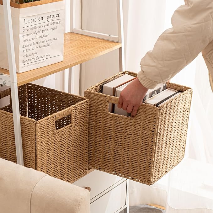 Foldable Storage Baskets with Handles Paper Rope Storage Baskets Rectangle Collapsible Hand Woven Storage Cubes Bins for Organizing Shelves Living Room Bedroom Pantry (4, 11'' x 11'' x 11'')