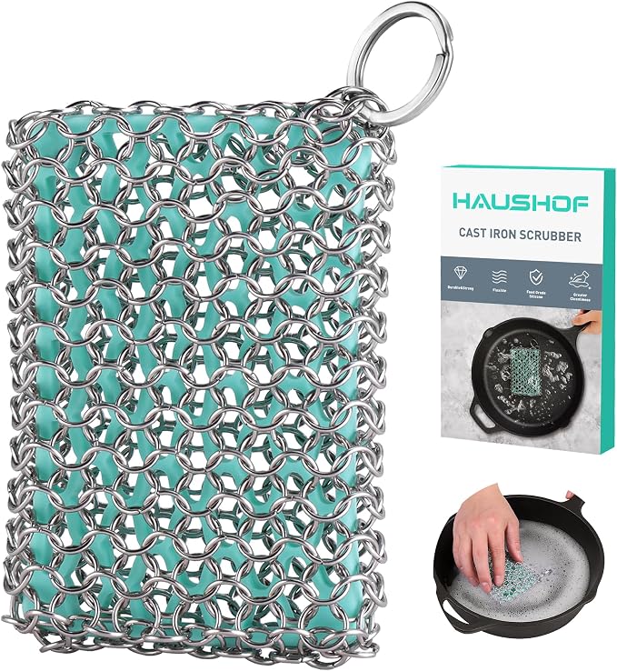 HAUSHOF Cast Iron Scrubber, Chainmail Scrubber Cast Iron Cleaner | Multi-Purpose Cleaning;Easy to Clean;Soft Silicone Liner;Protects Cast Iron Seasoning