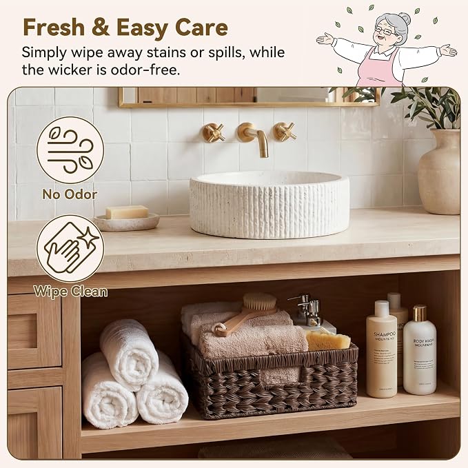 GRANNY SAYS Wicker Storage Baskets for Shelves, Dark Brown Baskets, 1-Pack | Waterproof Wicker Baskets for Organizing,Plastic Brown Baskets for Shelves,Woven Baskets for Pantry Storage,Decorative Basket