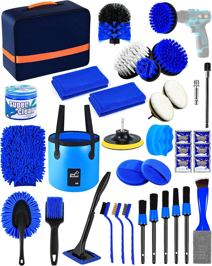 Car Cleaning Kit：40 Pcs Interior Windshield and Window Cleaner Detailing Set；Wheel & Tire Brush；Car Wash Mitt；Cleaning Bucket；Total Care Supplies；Towels；Automotive Tools