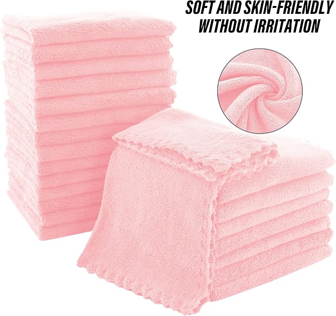 MOONQUEEN Ultra Soft Premium Washcloths Set - 12 x 12 inches - 24 Pack - Quick Drying - Highly Absorbent Coral Velvet Bathroom Wash Clothes - Use as Bath, Spa, Facial, Fingertip Towel (Pink)