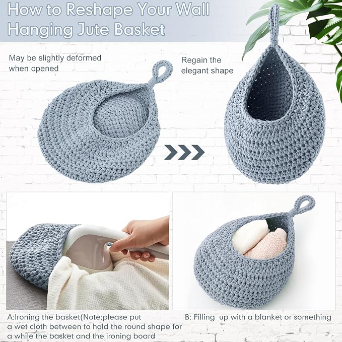 3 Hanging Baskets,Light Blue,Teardrop,Cotton Rope | Wicker Wall Baskets with Hooks for Fruit Vegetable Onion Storage, Teardrop Organizer for Kitchen, Boho Farmhouse Decor