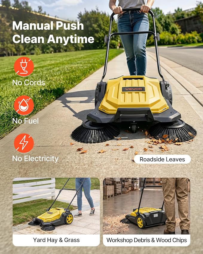 VEVOR Walk-Behind Hand Push Floor Sweeper, Manual Floor Sweeper Non-Electric with 25.6" Sweeping Width, 5 Gallons Waste Container & Adjustable Folding Handle for Yards Walkways Patios Garages - Yellow | 5 Gallons Waste Container & Adjustable Folding Ha...