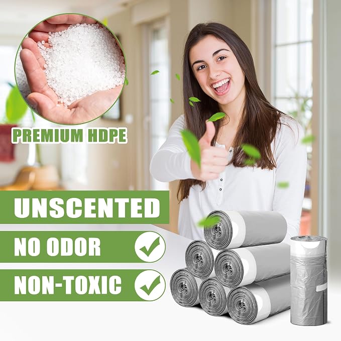231 Count-Small Trash Bags, 4 Gallon Trash Bag Drawstring, Gray White Bathroom Garbage Bags，Tear-Free Garbage Bags ，Plastic Wastebasket Liners for Toilet Home Office and Bedroom