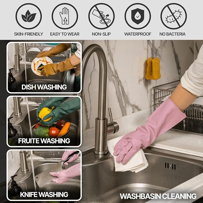 3 Pairs Colorful Reusable Waterproof Household Dishwashing Cleaning Rubber Gloves, Non-Slip Kitchen Glove