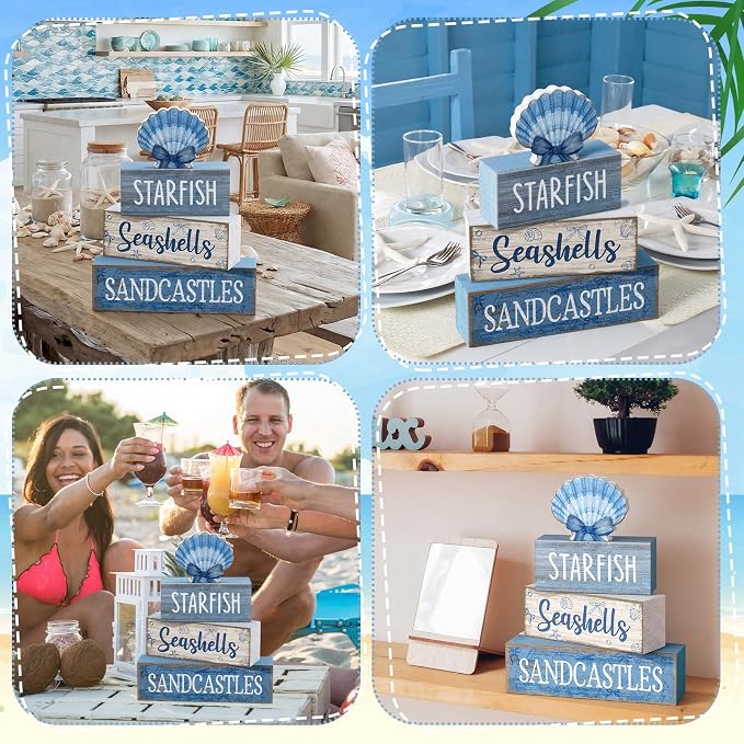 Moucuny 4 Pcs Beach Wooden Signs Table Decor with Shell, Tiered Tray | Coastal Nautical Theme Rustic Style, Summer Home Kitchen Centerpiece, Decorative Blocks for Tiered Trays