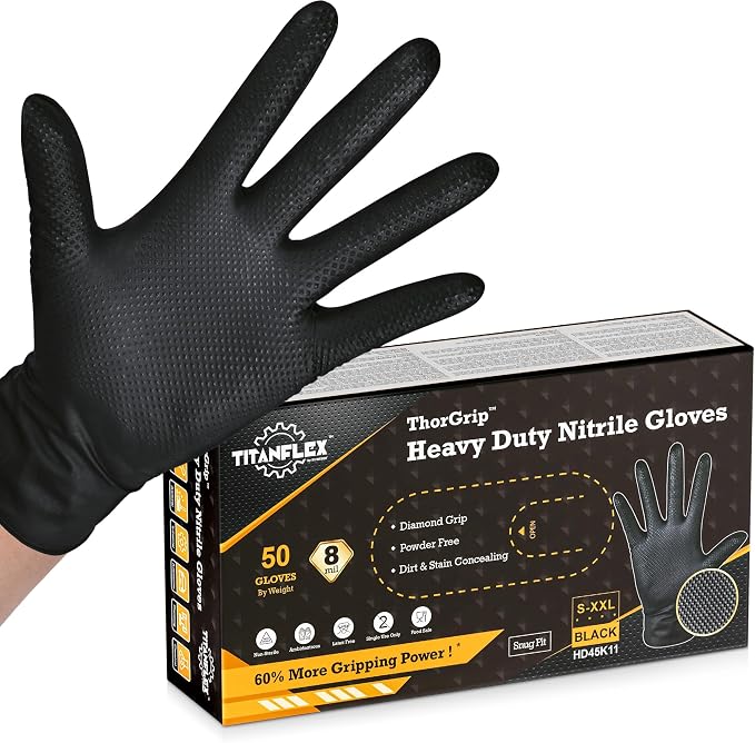 TitanFlex Heavy Duty Black Industrial Nitrile Gloves with Raised Diamond Texture, Latex Free 8mil