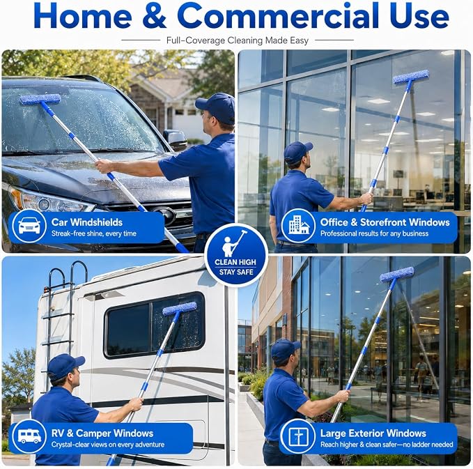 76“Professional Squeegee Window Cleaning Kit with Extension Pole | Streak-Free Silicone Blade,Smooth,Quiet Glide,Telescopic Handle for High & Hard-to-Reach Windows