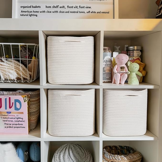 11x11x11 Cube Storage Bin - 3 Pack Woven Storage Cubes Organizer, 11 Inch White Cotton Rope Baskets for Organizing, Square Baskets for Shelves, Nursery Closet Bins, Cubby Toy Box Organizer