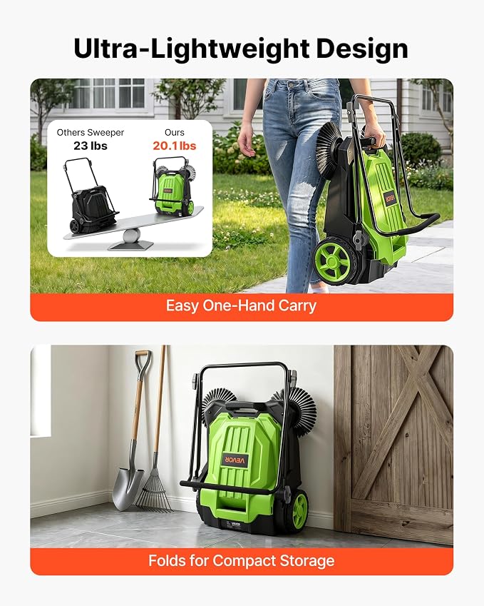 VEVOR Walk-Behind Hand Push Floor Sweeper, Manual Floor Sweeper Non-Electric with 25.6" Sweeping Width, 5 Gallons Waste Container & Adjustable Folding Handle for Yards Walkways Patios Garages - Green