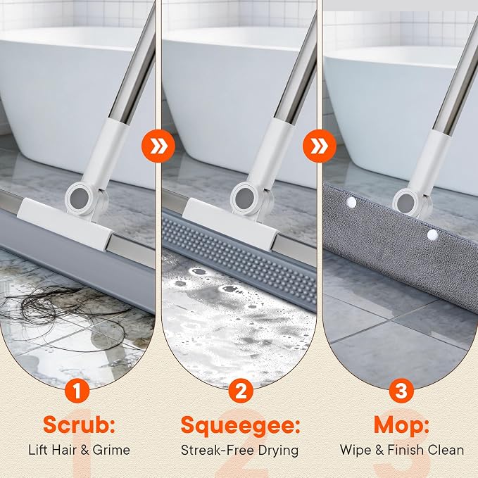 Floor Squeegee Broom with Rubber Scrubbing Teeth, 16 Inch 2-in-1 Magic Broom with 54 Inch Telescopic Long Handle, Shower Floor Squeegee for Bathroom, Kitchen, Tile, Concrete, Pet Hair
