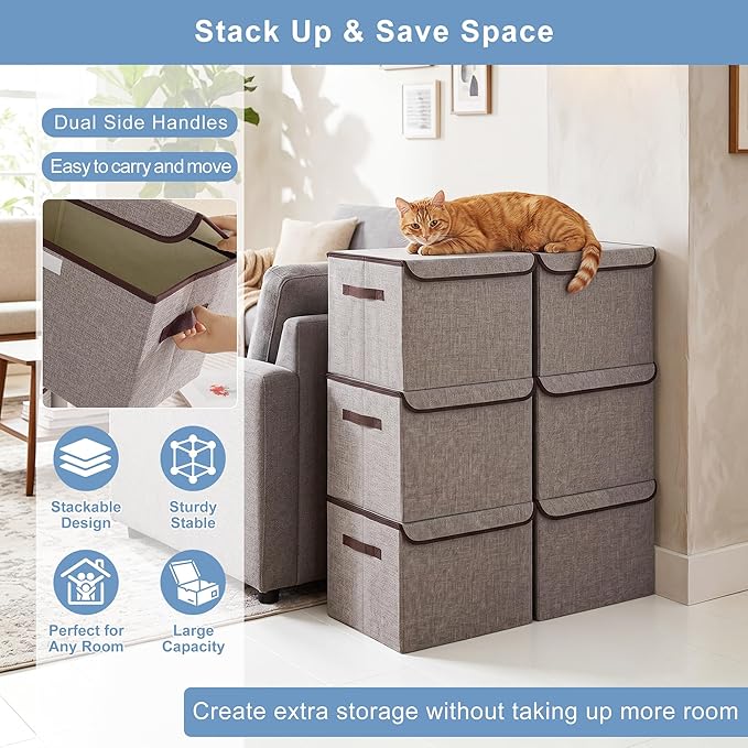 Bagnizer Large 42 Quarts Fabric Storage Bins with Lids [2-Pack] Linen Collapsible Foldable Storage Cubes, Closet Organizer Containers boxes with Handles for Home Office (16.7 x 12 x 12, Gray)