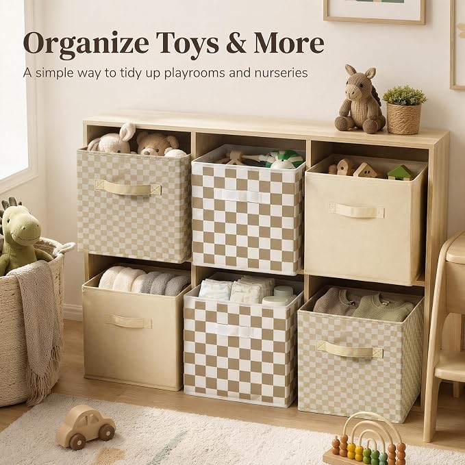 Chunful 6 Pcs 11 Inch Gingham Fabric Storage Cube Bin Woven Foldable Checkered Storage Cube for Classroom Basket Bin Organizer with Handle Decor for Organizing Clothes, Toy, Book