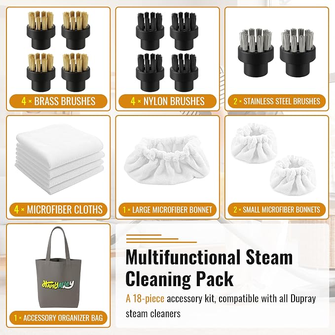 Steam Cleaning Pack Compatible with Dupray Steam Cleaners, 18 Pcs Clean Accessory Kit: Include Everything Needed for deep Cleaning on Multiple Surfaces,No-Steam Cleaner Attachments Included