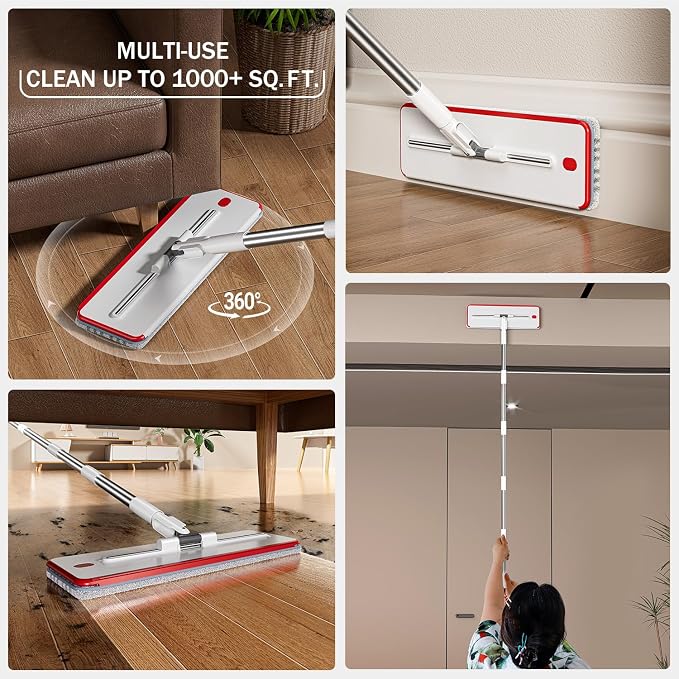 HoMettler Dual Mop and Bucket Set, Flat Mop and Bucket System with Separate Dirty and Clean Water, 3-Compartment Wall Cleaner Mop, Flat Mops for Floor Cleaning with 6 Microfiber Pads - White