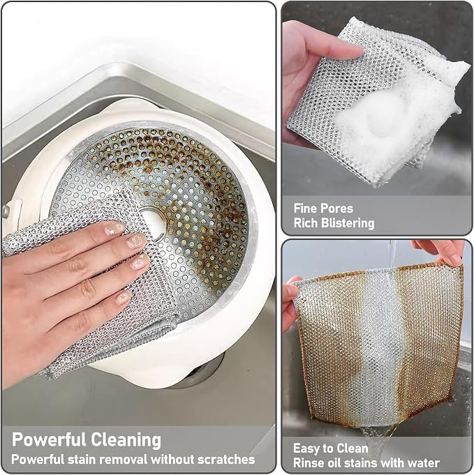 XANGNIER 10 Pcs Multipurpose Wire Dishwashing Rags for Wet and Dry,2024 New Multifunctional Non-Scratch Wire Dishcloth,Wire Cleaning Cloth,Non Scratching Metal Wire Rag for Kitchen,Counter,Dishes,Sink | Multipurpose Steel Wool Cleaning Cloths,Wet & Dry...