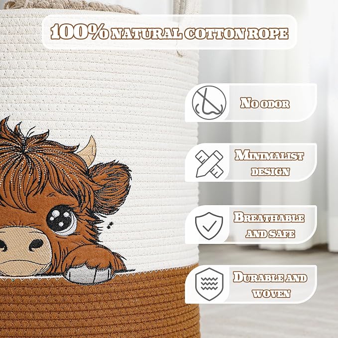 Honeydak Highland Cow Laundry Basket Brown Tall Cotton Rope Laundry Hamper Large Nursery Storage Basket for Toy Clothe Bathroom Bedroom Organization Decor, 15 x 17.7 Inches