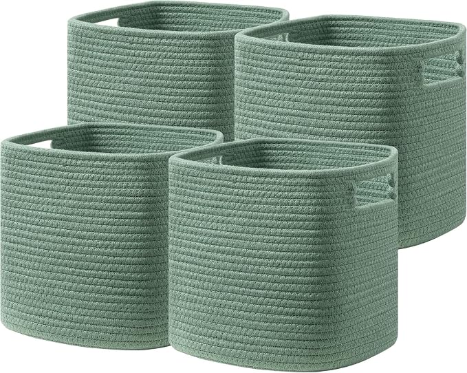 Dreamcountry 13x13 Cube Storage Bins, Storage Cubes with Handles, 4 Pack Cotton Rope Basket for Shelves, Cube Storage Organizer forToys, Book, Clothes, Home, Office, Nursery, Green