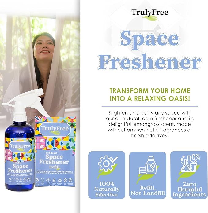 Truly Free Space Freshener Starter Kit - Lemongrass - 12oz + 1 Fill, 3oz | Car and Air Fresheners for Home, Natural Odor Eliminator Room Spray, No Synthetic Fragrances