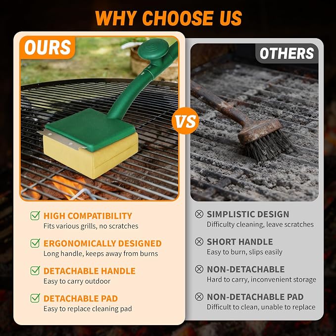 Grill Brush Bristle Free with Scraper, BBQ Replaceable Cleaning Head | Barbecue Grill Cleaner with Seamless Fit Scraper Tool for Cast Iron, Stainless-Steel Grates - Green