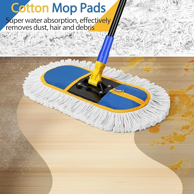 SOBONNE Dust Mop for Hardwood Floors Cleaning,Wet Dry Dust Broom | 56" Iron Long Handle Floor Duster| Washable Cotton Mop Pad for Home, Kitchen,Wood,Tile,Laminate,Vinyl Floors Mopping