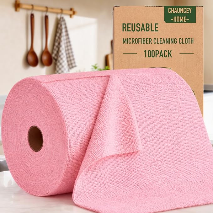 Microfiber Cleaning Cloth Roll - 100 Pack Tear Away Microfiber Paper Towels, Reusable, Washable, Scratch-Free, Kitchen Towels for Car, Home, Kitchen, Glass, Dishes(Pink)