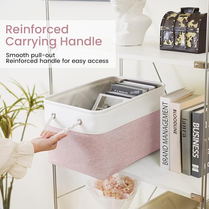 15x11x10 In Foldable Fabric Large Storage Bins with Handle 3 Pack | Organizer Baskets, Sturdy Metal Strand, Cardboard Support Molding, Storage Baskets for Shelves, Closet, Bedroom, White/Pink