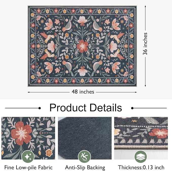 Anidaroel 36"x48" Office Chair Mat for Hardwood Floor, Black Floral Computer Chair Mat, Anti-Slip Vintage Under Desk Rug for Office, Low Pile Bird Bug Office Rugs for Rolling Chairs