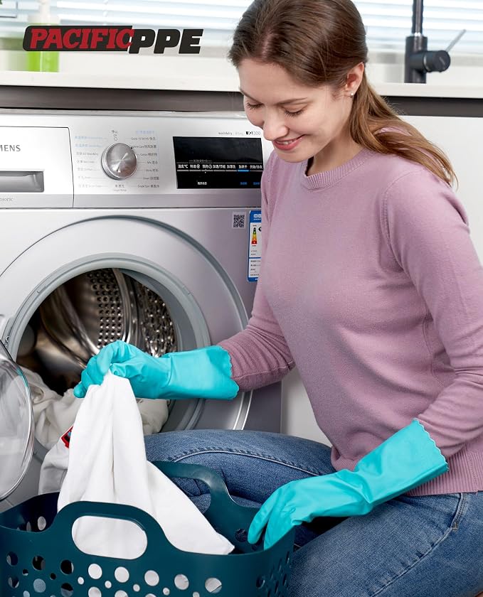 4 Pairs Dishwashing Gloves, Cotton Flocked Liner, Green, Medium | Waterproof dishwashing gloves with non-slip grip, soft cotton lining, flexible fit for kitchen, bathroom, laundry & cleaning