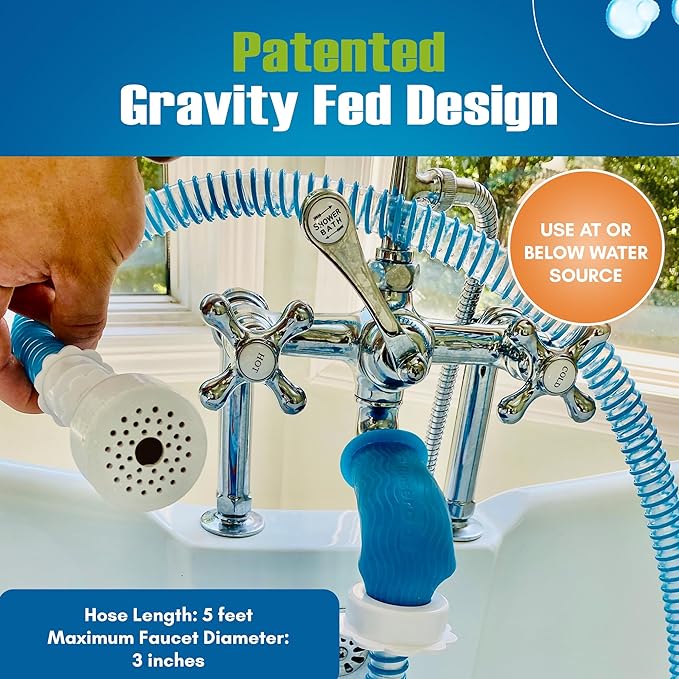 Rinseroo Slip-On Bathtub Faucet Sprayer Attachment, 5 Foot Hose | Ultra-Flex Dog Shower Hose Adapter, Portable with Sprayer Pet Showerhead, Attach Tub Spout, No Install for Speedy Washing