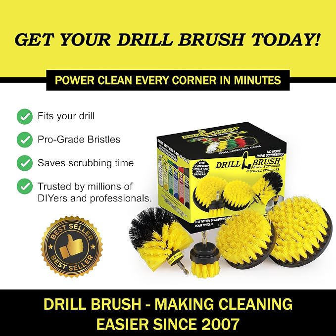 Drillbrush Electric Nylon Drill Brush Attachment Set for Bathroom Cleaning | Power Scrubber Brush Kit for Bathtub, Shower & Tile - Grout Cleaner Kit - All-Purpose Household Cleaning Brushes for Drill