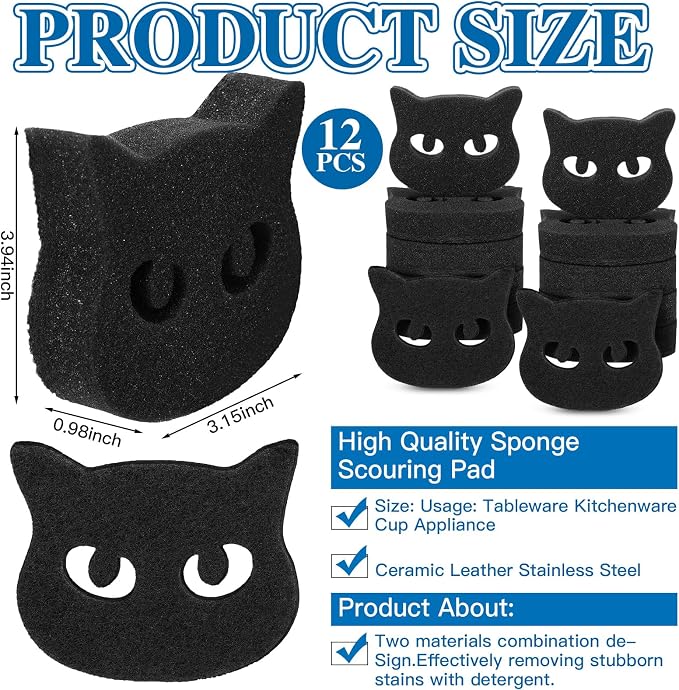 Tioncy 12 Pack Halloween Black Cat Kitchen Sponges | Dual Sided Scrubber, Gothic Halloween Decor, Reusable Non Scratch Dishwashing, for Cookware Pot Boiler Pan Household