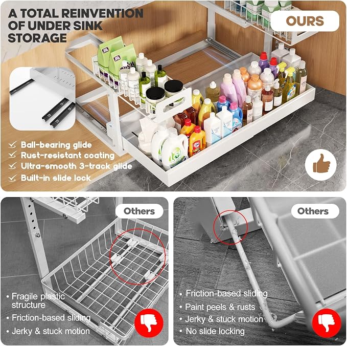 1 Pack-19"-32"W Expandable Under Sink Organizer With Upgrade Ball-Bearing Slide,2-Tier Pull Out Under Cabinet Organizer Height Adjustable,Not Suitable For Cabinets With Partitions In The Middle