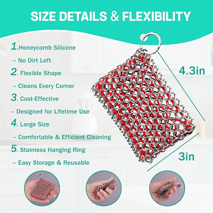 HAUSHOF Cast Iron Scrubber, Chainmail Scrubber Cast Iron Cleaner | Multi-Purpose Cleaning;Easy to Clean;Soft Silicone Liner;Protects Cast Iron Seasoning