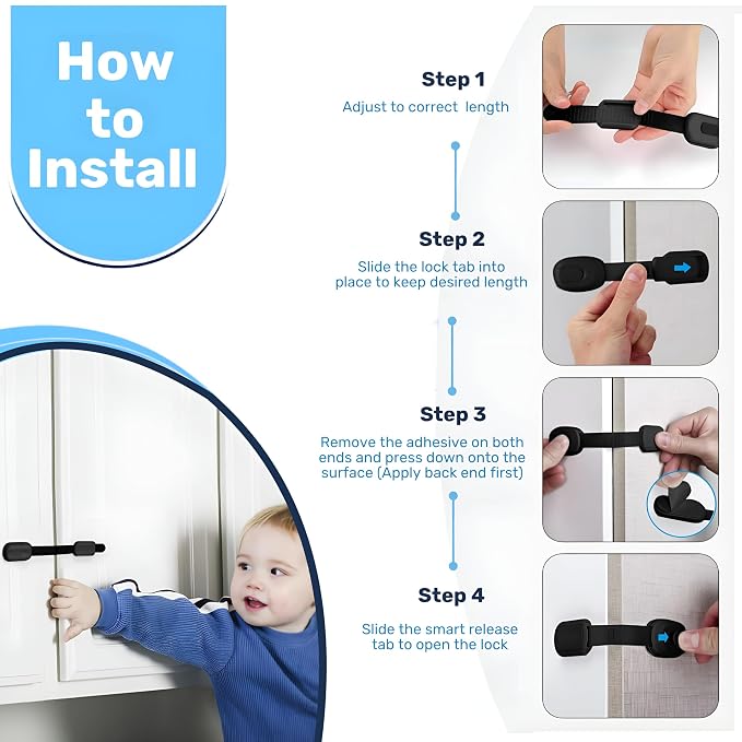 Baby Proof Me Child Safety Cabinet Locks - Baby Proofing Straps & Latches | 12 Pack Adhesive Safety Latches for Cabinets, Drawers, Fridge, Oven, Toilet & Trash Can, Strong 3M Adhesive - Black