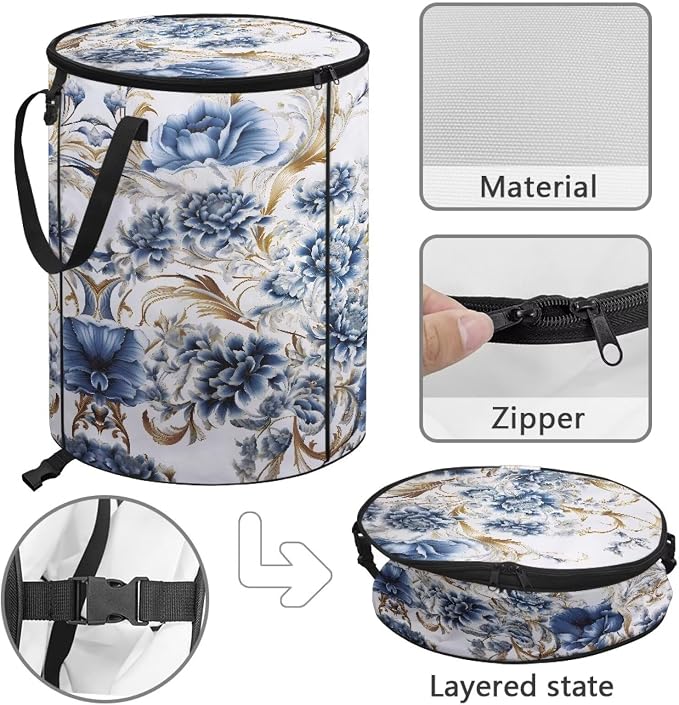 Floral Collapsible Garbage Can with Lid 24 Gallon Pop up Trash Can for Camping Waterproof Outdoor Recycling Bin Flodable Portable Trash Bag with Sorting Clips for Hiking Yard
