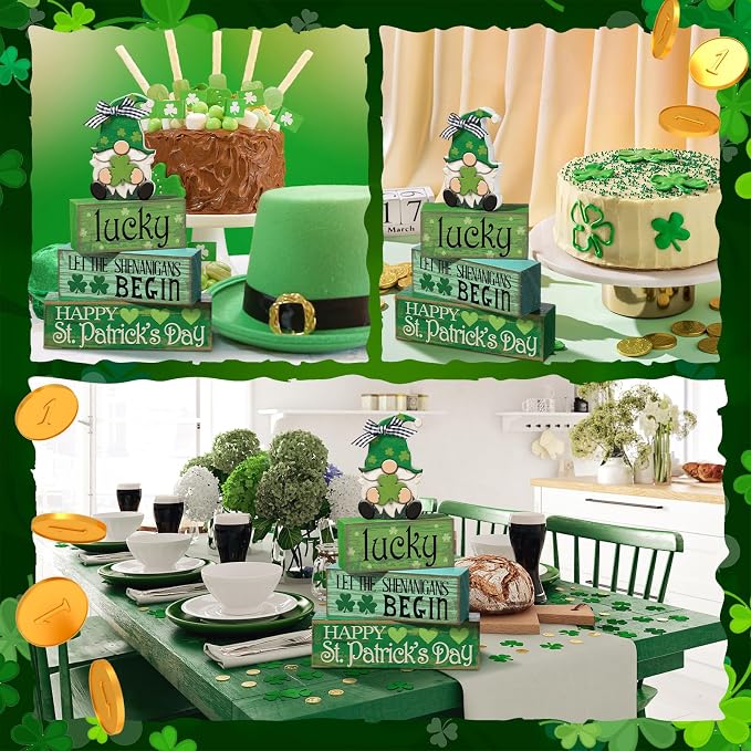 Moucuny 4 Pcs St. Patrick's Day Wood Signs Gnome Tiered Tray Table Decor | Stackable Rustic Blocks with Shamrock Prints, Centerpiece for Tiered Trays, Shelves, Bathroom, Laundry Room